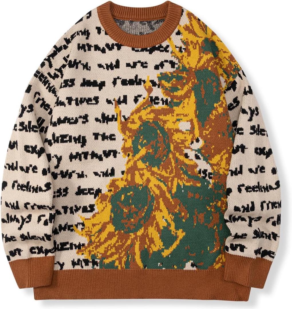 Mens Crewneck Sweaters Graphic Comfortable Casual Knit Fall Winter Sweater Oversized Pullovers (M)