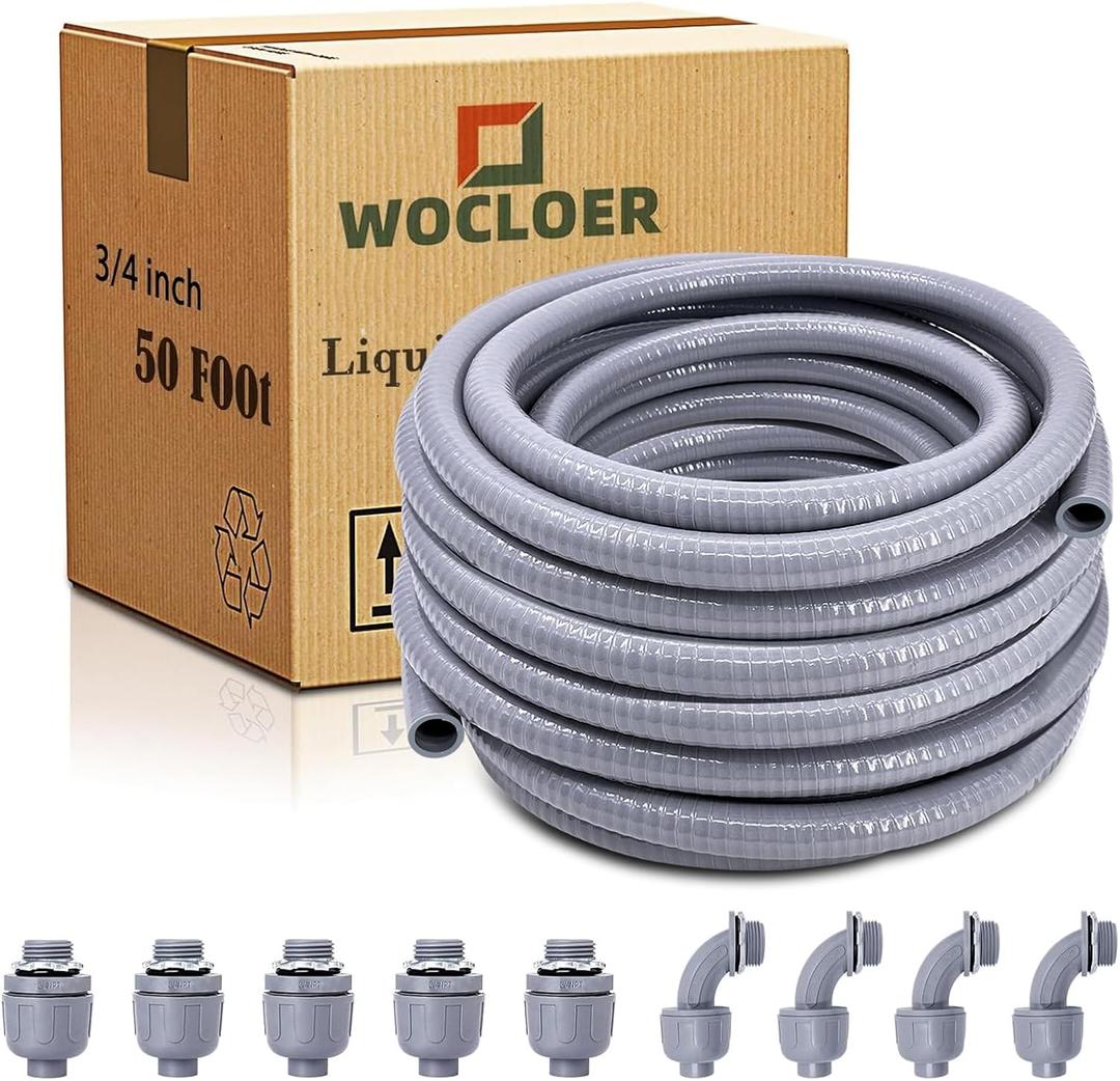 3/4inch 50 Foot Liquid-Tight Conduit Kit, Flexible Non Metallic Electrical Conduit and Connector Kit, With 5 Straight and 4 90-Degree Angle Connector Fittings