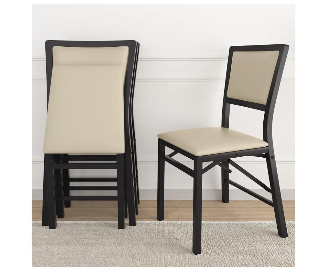 VECELO Folding Chairs Set of 2 with Cushion, Foldable Padded Seats with Heavy Duty Metal Frame for Kitchen/Dining/Living Room, No Assembly & Space Saving Design, Beige