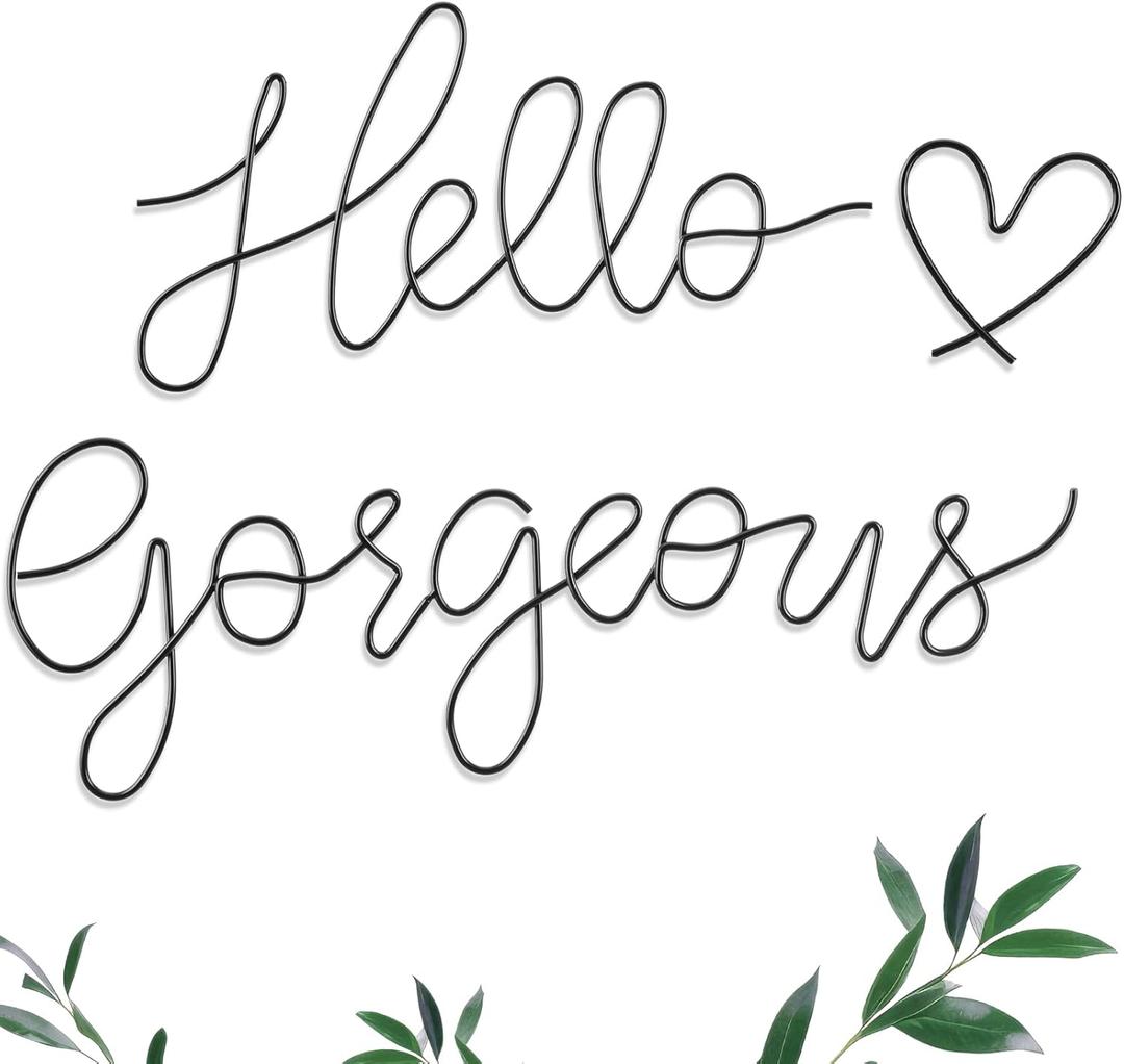 Hicarer Hello Gorgeous Metal Wall Art Decor Minimalist Decoration Metal Hello Gorgeous Decorative Sign for Living Room Office Bedroom Hotel Home Wall Decoration (Black, Fashion Style)