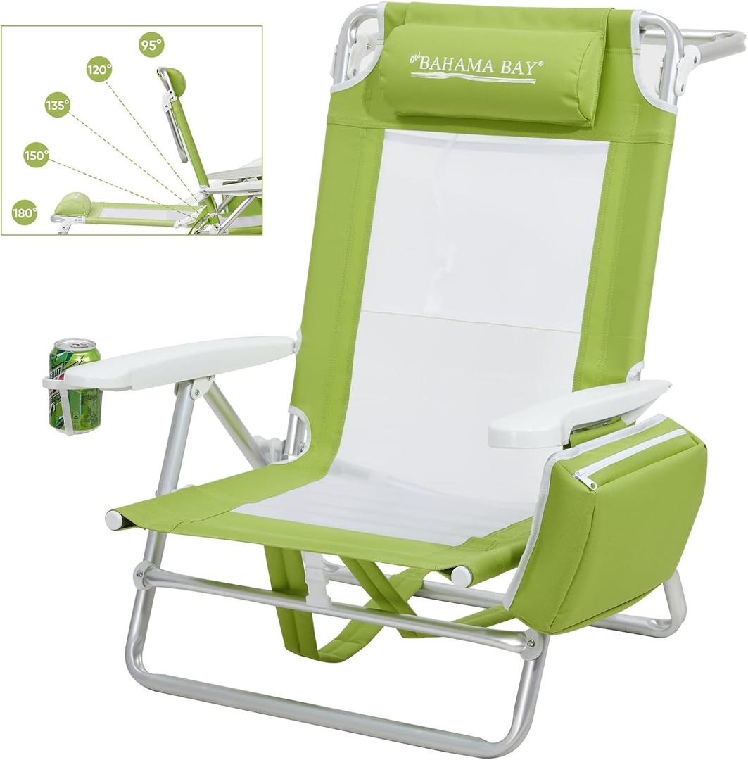 Old Bahama Bay Backpack Beach Chair, Aluminum Lightweight Reclining 5-Position Lounge Chair for Adults Heavy Duty Support 400 LBS Portable Folding with Cooler Bag Camping Chair for Sand Outdoor
