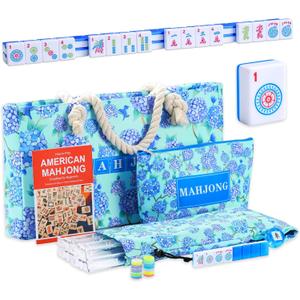 2026 American Mahjong Set Complete with Green Carrying Bag, 166 Blue Engraved Melamine Mahjong Tiles1.2", 4 All-in-One Transparent Mahjong Racks with Pushers, Majiang Tile Set, 1.2" x 0.9" x 0.5"