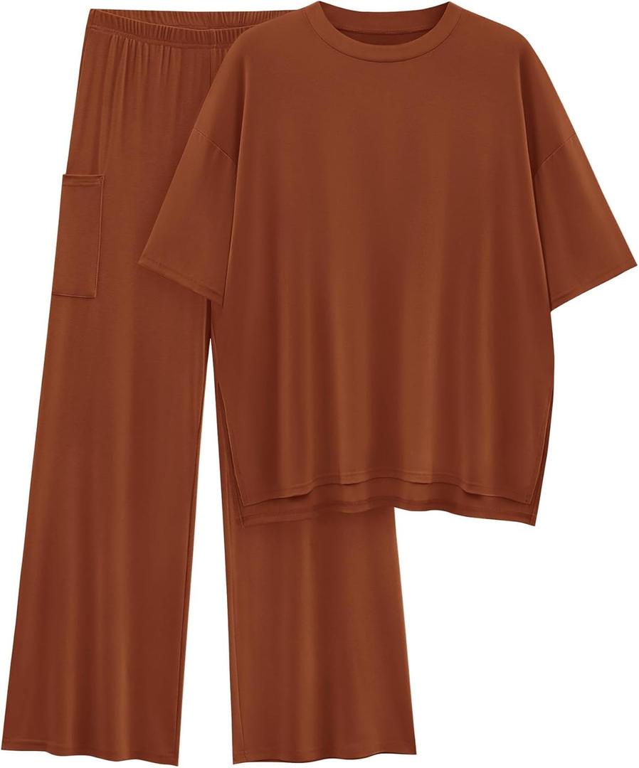 KIRUNDO 2 Piece Lounge Sets for Women Airport Travel Vacation Outfits Summer Casual Loose Short Sleeve Tops & Wide Leg Pants (Brown, L)