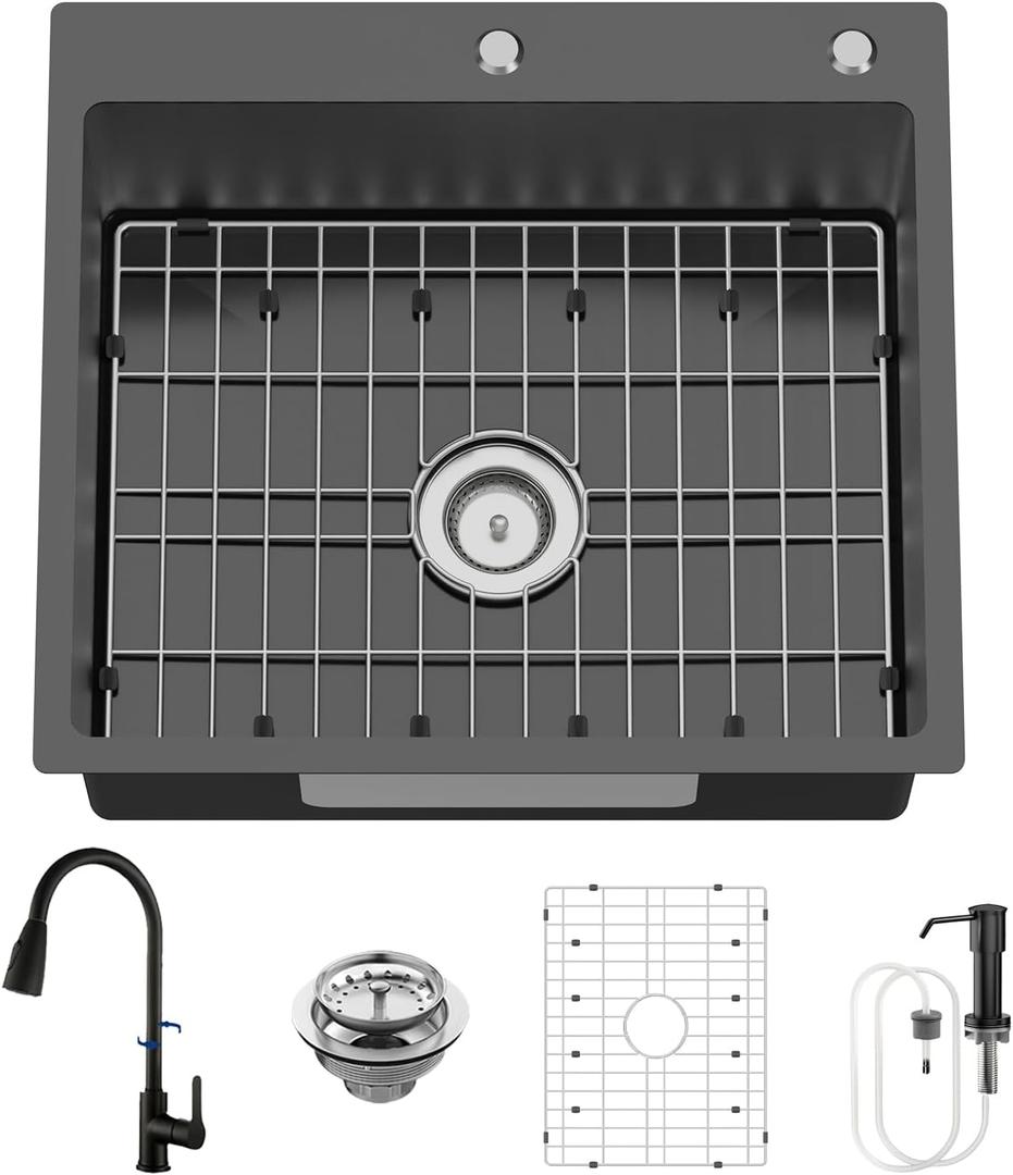 Black 25x22In Stainless Steel Drop In Single Bowl Kitchen Sink With Faucet