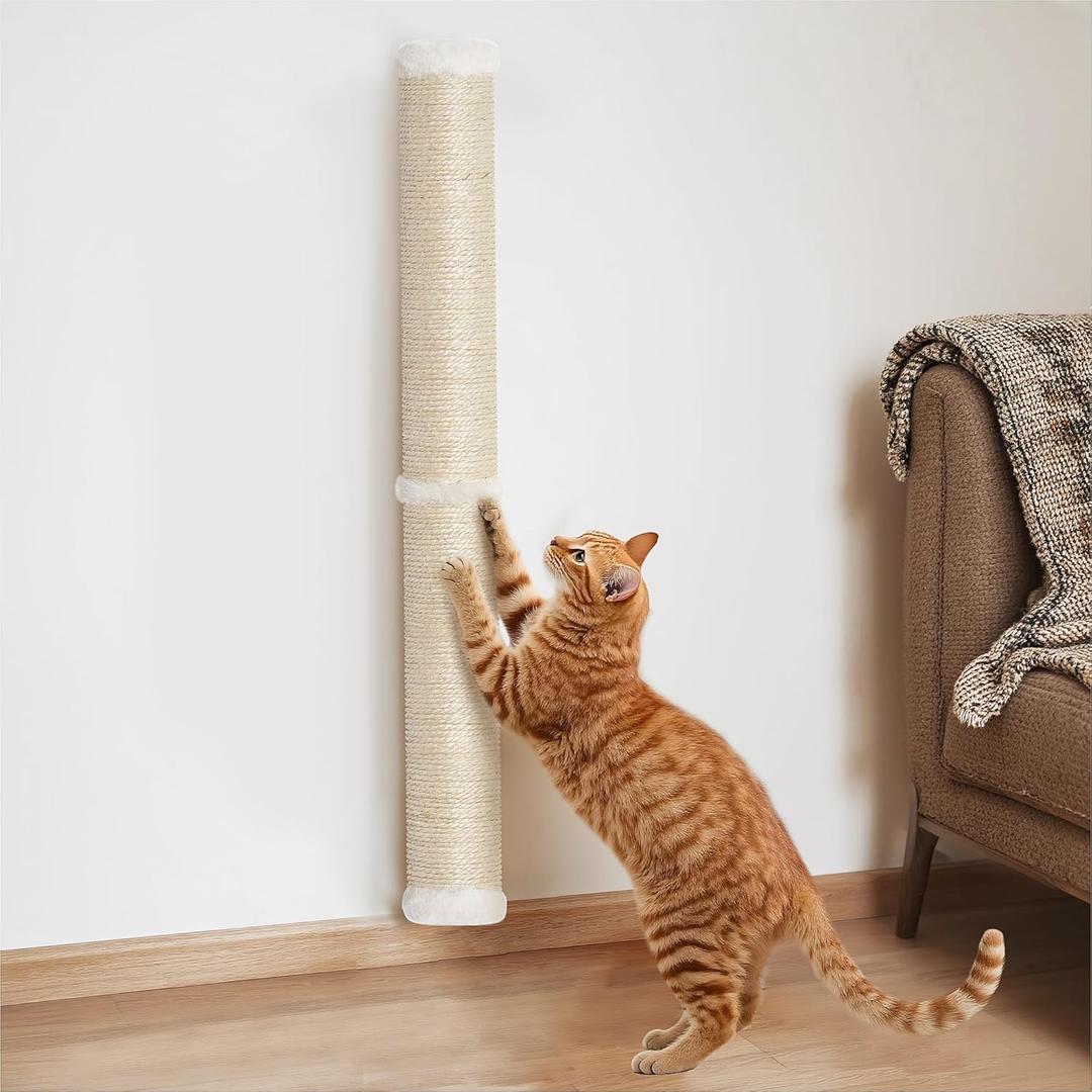 Aechonow 34'' Wall Cat Scratching Post, Wall Mounted Cat Scratcher for Indoor Cats, Tall Sisal Pole for Large Adult Cat Pet Climb Stretch Walk (Beige - 1Pc)