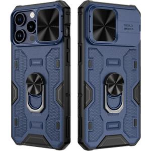 VEGO Kickstand Case for iPhone 15 ProMax, with Slide Camera Cover & Built-in 360 Rotate Ring Stand Magnetic Shockproof Cover for iPhone 15 Pro Max 6.7" 2023 - Blue