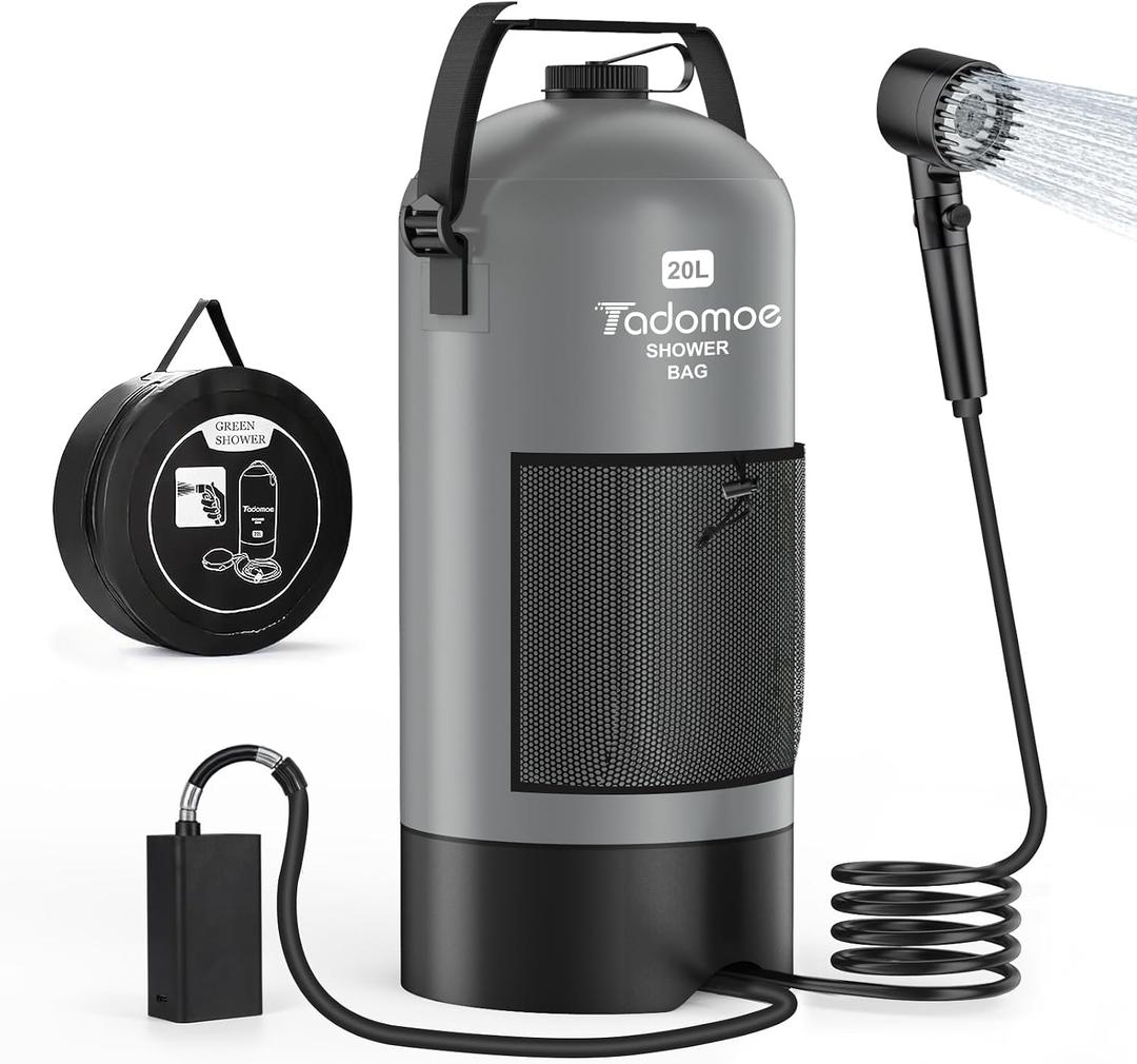 Portable Camping Shower with Battery Powered Pump, 5 Gal/20L Solar Heated Camp Shower Bag, 3-Mode Shower Head & Travel Case for Outdoor Camping, Beach Rinse & Dogs