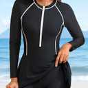 Daci Women Black Long Sleeve One Piece Rash Guard Modest Swimsuits Dress Zipper Bathing Suit Skirt with Short UPF 50+ , M