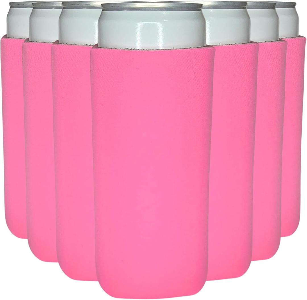 TahoeBay Slim Can Cooler Sleeves (12-Pack) Skinny Tall Cans 12 Oz Bulk Thin Seltzer Fit Sublimation Blanks for Vinyl Plain Blank Foam Beer Bottles Black White Assorted Solid Set (Neon Pink)