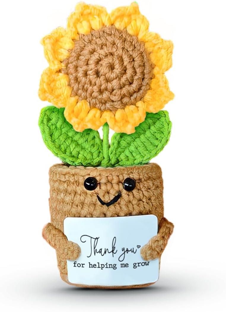 Mini Sunflower Thank You Gift for Teacher Boss Manager, Handmade Crochet Positive Plant with Card, Appreciation Gifts for Women, Cute Small Desk Decor, End of School Year Christmas Graduation Present