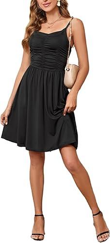 Yajedo Womens Summer Casual Sundress Spaghetti Strap Sleeveless Ruched Beach A Line Midi Dress Black Size M