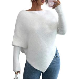 Verdusa Women's Cozy Asymmetrical Sweater Pullover Knit Tops Fall Clothes Elegant Luxury Outfits (White, M)