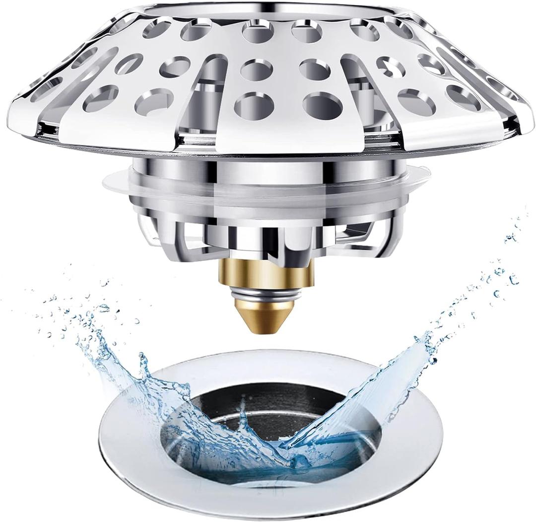 Universal Tub Stopper Bathtub Drain Plug, Pop Up Tub Drain Hair Catcher, Drain Cover with Strainer, for 1-3/8 to 2in Bath Drain Hole (Chrome Silver)
