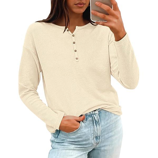 Darong Women's Waffle Knit Tunic Long Sleeve Button Up V Neck Henley Shirts Casual Fall Pullover Tops Size L