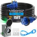 Xuhal 15 FT 30 Amp Generator RV Extension Cord and Pre-Drilled Power Inlet Box 3 Prong Compatible with NEMA TT-30P/L5-30R 125V/250V Cord with Generator Interlock Kit to House STW 10 Awg, Etl Listed