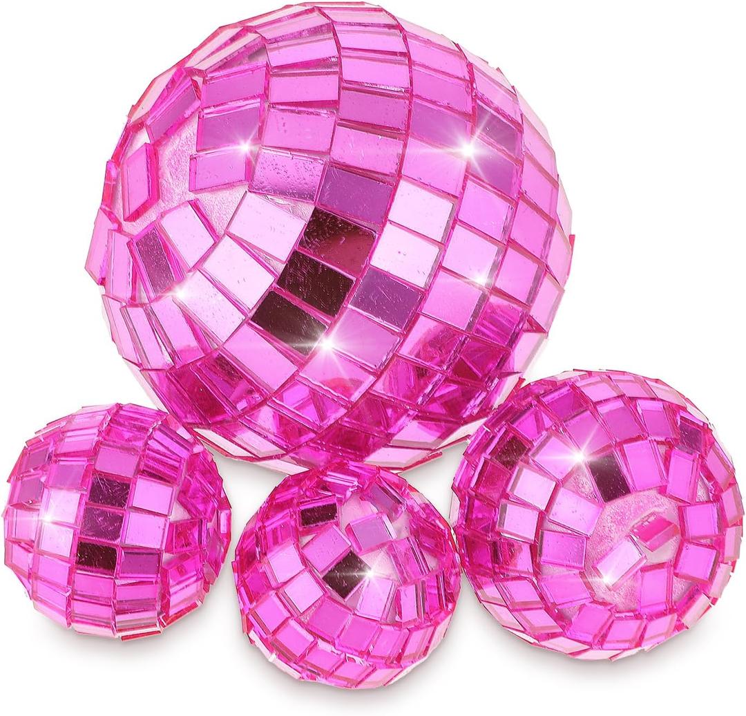 Grevosea 4 Pcs Disco Ball Cake Topper, Mini Disco Balls Birthday Cake Topper for Last Disco Bachelorette Party, Space Cowboy Birthday Party Supplies, 70s Bday Cake Decoration 3 Sizes(Pink)