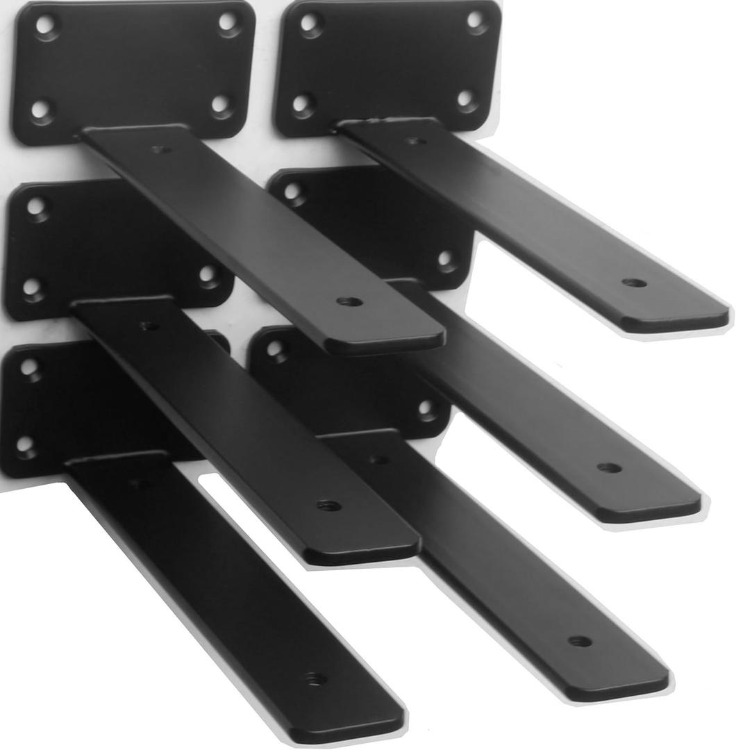 6 Pack - 6 inch Black Hidden L Shelf Bracket (1/5 Inch Thicked) Iron Floating Shelf Brackets Rustic Industrial Metal Brackets for Shelf Support