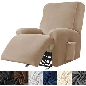 HFCNMY Recliner Chair Covers,4 Pieces Stretch Velvet Recliner Cover Thick Recliner Slipcovers-Covers for Recliners with Elastic Bottom Khaki