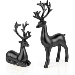 2 Pcs Christmas Deer Figurines  Elegant Resin Reindeer Statues for Rustic Home Dcor, Indoor Holiday Decorations, Black Deer Sculptures for Living Room, Bedroom, and Office(Black)