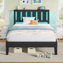 Rolanstar Twin Bed Frame with Headboard, Solid Wood Bed Frame Foundation with Wood Slat Support, Charging Station & LED Lights, No Box Spring Needed, Black