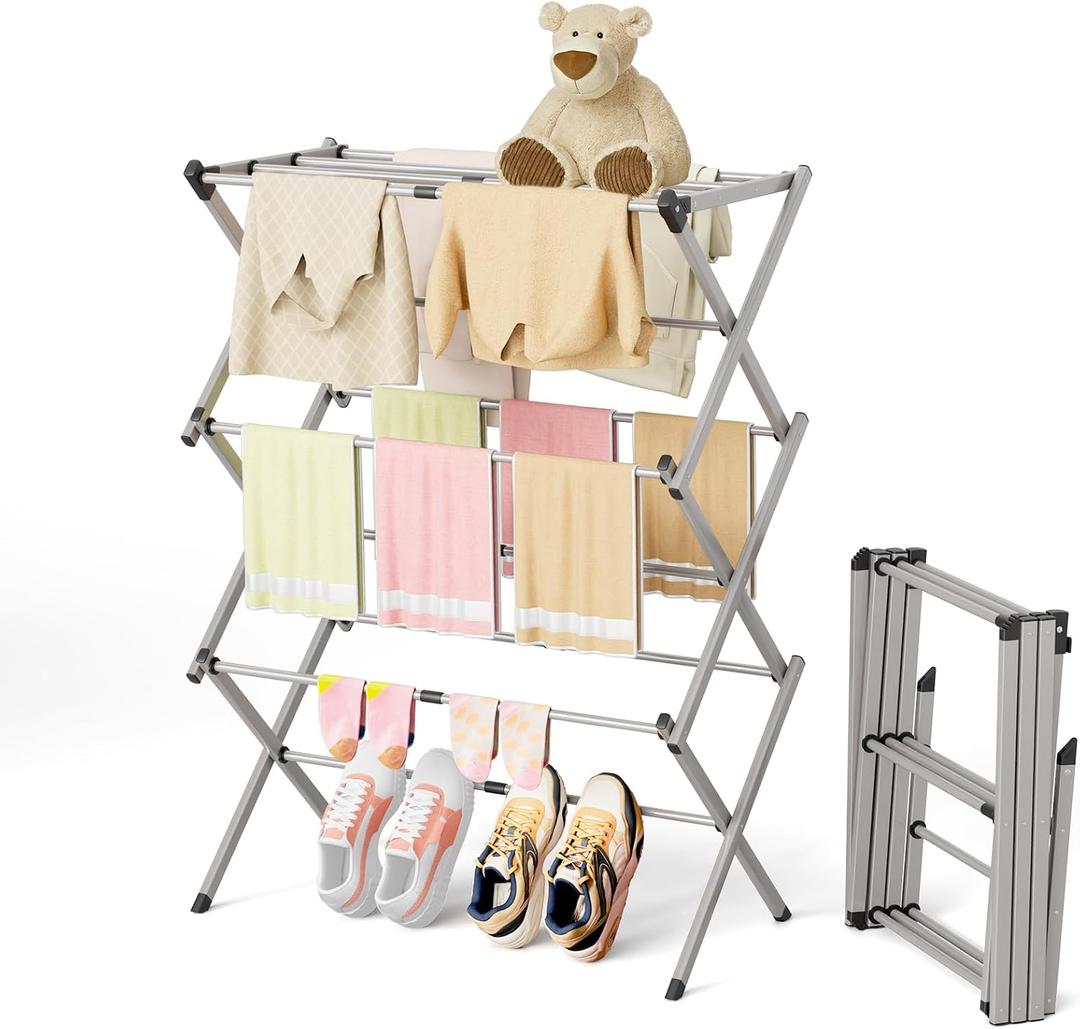 BAKON Space Saving Foldable Clothes Drying Rack, Extendable Rustproof Laundry Rack for Indoor Outdoor Use, No Assembly Required, Suitable for Bathroom Laundry Room Apartment RV, White
