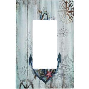 Nautical Anchor Vintage Blue Wood Print Single Rocker Decora Outlet Cover 1 Gang Light Switch Cover Decorative Wall Plate Starfish Coral Rustic Gfci Electrical Switchplate for Farm Bathroom