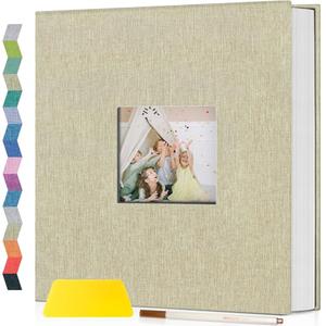 Popotop Photo Album Self Adhesive with Picture Display Window,40 Pages DIY Scrapbooking Supplies Kit for 4x6 8x10 Picture,Linen Cover Memory Book for Baby Wedding, with Scraper and Metallic Pen
