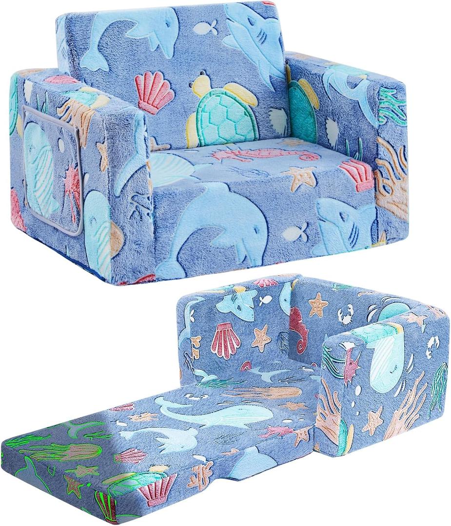 inhand Toddler Chair Comfy,2-in-1 Soft Toddler Couch Fold Out for Kids,Convertible Sofa to Lounger,Gift for Girls and Boys Birthday,Ocean
