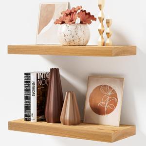 Marsmiles Floating Shelves for Wall 24 Inch | Natural Ash Wood Floating Shelves Set of 2 | 24W x 8D Natural Wood Wall Shelves with Upgraded Heavy Duty Brackets - Natural (Oak)