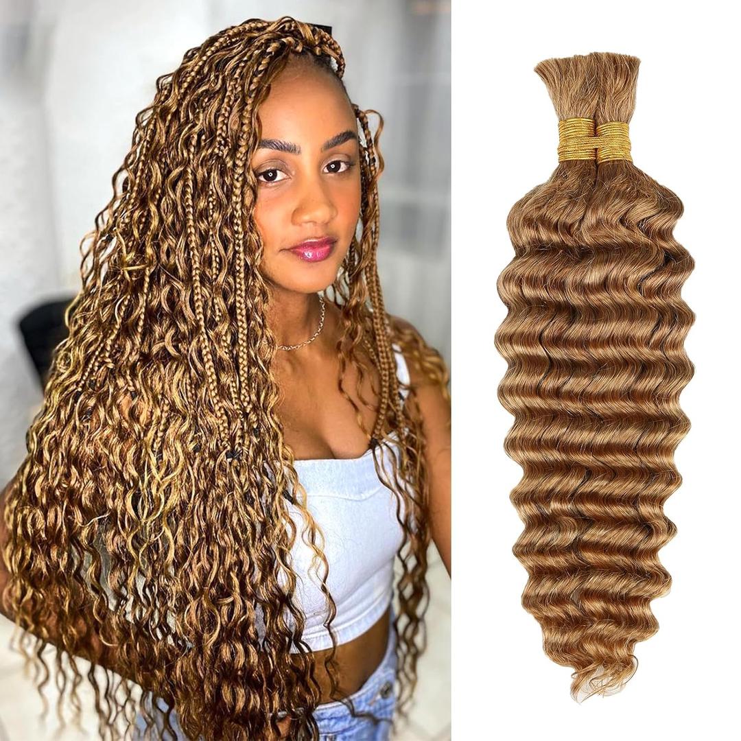 Honey Human Braiding Hair Deep Wave Bulk,27# Color No Weft Curly Braiding Hair Extensions for Boho Braids Wet and Wavy Braiding Human Hair Bundles(16inch,#27,100g)