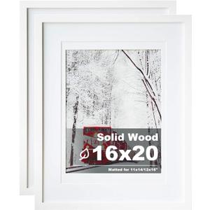 Egofine 16x20 Solid Wood Poster Frame Matted for 11x14 and 12x16 White - Acrylic Plexiglass Front for Wall Mounting Hanging Picture Frame Vertically or Horizontally, Set of 2