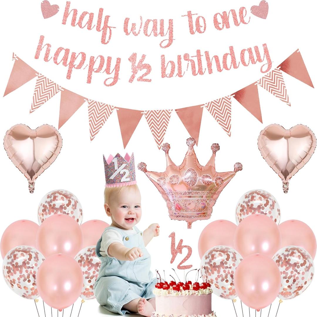 Half Way To One Decorations - 21 Pcs Rose Gold 6 Months Birthday Decorations Girls Happy 1/2 Birthday Banner Heart Foil Balloons Latex Balloon for Baby Shower Girls Party Supplies