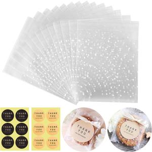 Self Adhesive Cookie Cellophane Treat Bags with Seal 4x4 Inches, 4 Mils Self Sealing Resealable Plastic Packaging Bags with Thank You Labels for Gift Giving Party Favor Bakery Candy Chocolate 100 Pcs