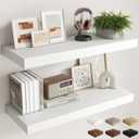 Fun Memories 36 Inch White Floating Shelves for Wall, 12 Inch Deep Shelves for Bathroom|Kitchen|Bedroom, Wall Mounted Rustic Wood Floating Shelf with Invisible Brackets for Books|Storage|Decor, 2 Pack