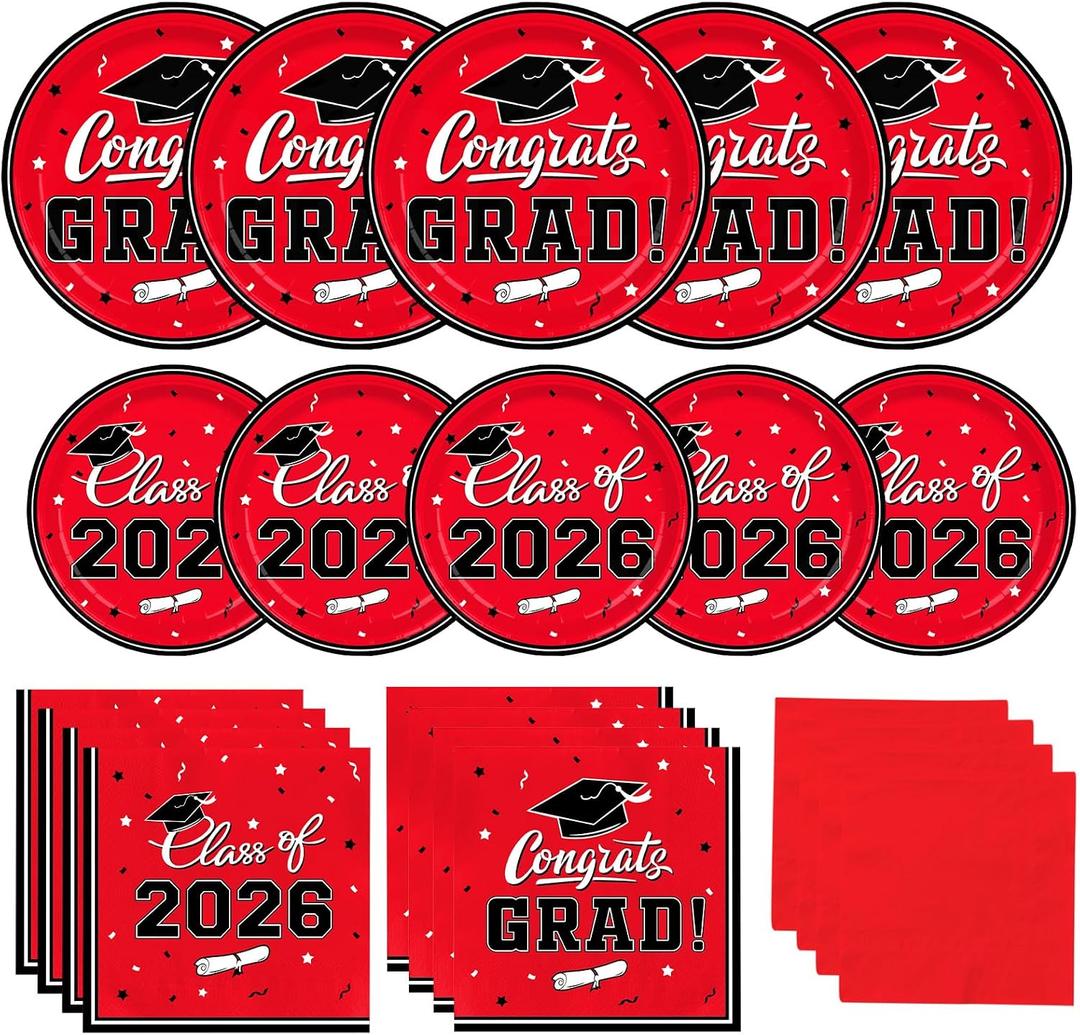 Gatherfun Graduation decorations 2026 Graduation Plates and Napkins Red Disposable Paper Plates Luncheon Napkins Cocktail Napkins for Congrats Grad Party Decorations, Serve 50