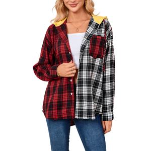 Womens Button Down Shirt Plus Size Blouse Shirts Tartan Plaid Color Block Casual Oversized Boyfriend Hooded Outwear Red (S)