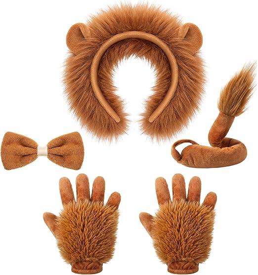 Haysandy 5 Pcs Lion Costume Set Lion Ears Headband Paw Gloves Bow Tie and Tail Halloween Cosplay Party Accessories for Kids Animal Themed Costume Dress up