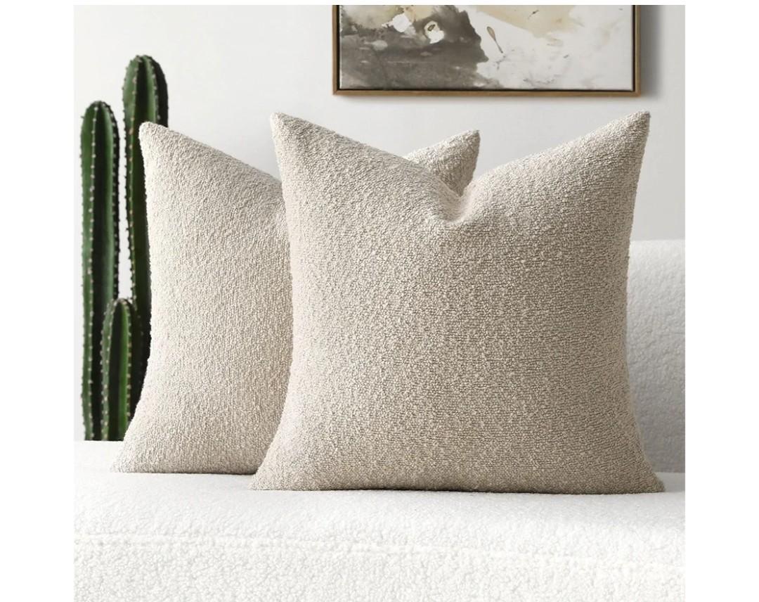 FUTEI Pack of 2 Beige Decorative Throw Pillow Covers 22x22 Inch Soft Cozy Solid Boucle Textured Cushion Case,Modern Home Decor for Couch Bed Living Room