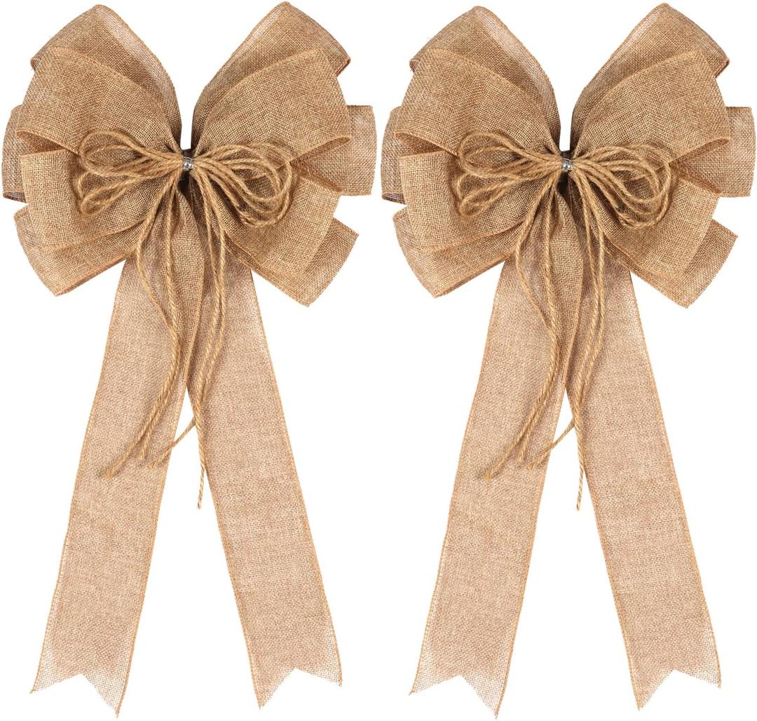 2 Pack Large Burlap Jute Hemp Rope Bows for Wreaths,Rustic Farmhouse Crafts Bow Wrapping Tree Topper Wedding Holiday Birthday Party Wall Home Boho Front Door Decorations (Beige)