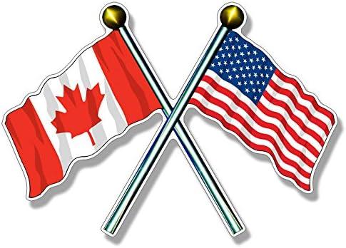 3 x Crossed Poles USA & Canada Waving Flags Sticker (American Candian Flag Decals Vinyl for Cars, Trucks, Laptops (3 x 5 inch)