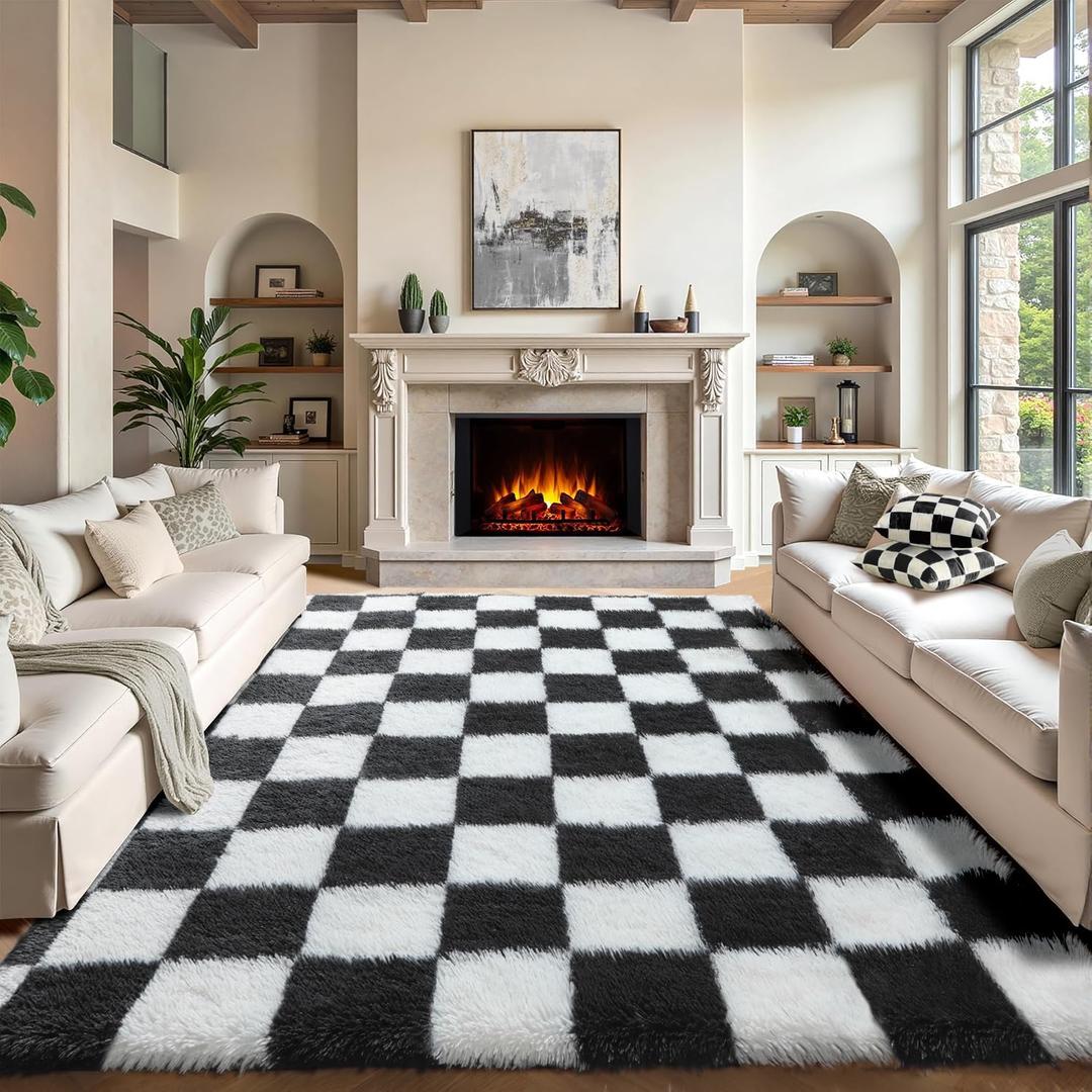 KICMOR 8x10 Area Rugs for Living Room, Large Fluffy Soft Black and White Checkered Shag Shaggy Bedroom Carpets, Indoor Big Fuzzy Plush Rug for Kids Boys Girls Teen Dorm Nursery Home Decor Aesthetic
