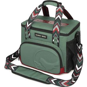SUNNY BIRD 12L Large Insulated Lunch Bag, Foldable Lunch Cooler Box for Women Adult and Men, Fits 18 Cans (Green with Boho Strap)