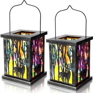 Honoson 2 Pcs Christmas Lanterns Decorative with LED String Lights Metal Hanging Xmas Vintage Lantern with Red Ribbon Berry for Indoor Outdoor Xmas Home Porch Party Decor(Deer)