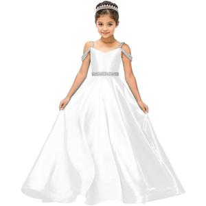 Flower Girls Satin Rhinestone Pageant Dresses Princess A Line Floor Length Formal Wedding Party Communion Gowns, 8, White