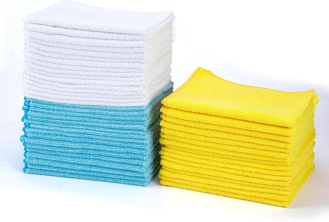Amazon Basics Microfiber Cleaning Cloths, Highly Absorbent, Scratch-Free, Ultra-Soft, Non-Abrasive, Reusable and Washable, 16" x 12", Blue/White/Yellow, 48-Pack