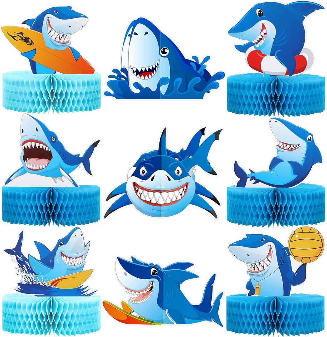 9 Pcs Shark Birthday Party Decorations Shark Honeycomb Table Centerpieces Summer Under The Sea Ocean Sharks Themed Decoration for Girls Boys Baby Shower Birthday Party Sharks Week Decoration
