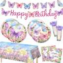 Butterfly Birthday Decorations, Birthday Party Supplies Kits for 24 Guest, with Disposable Paper Plates, Napkins, Cups, Cutlery, Tablecloth, Banner, and Balloon, Butterfly Party Decoration