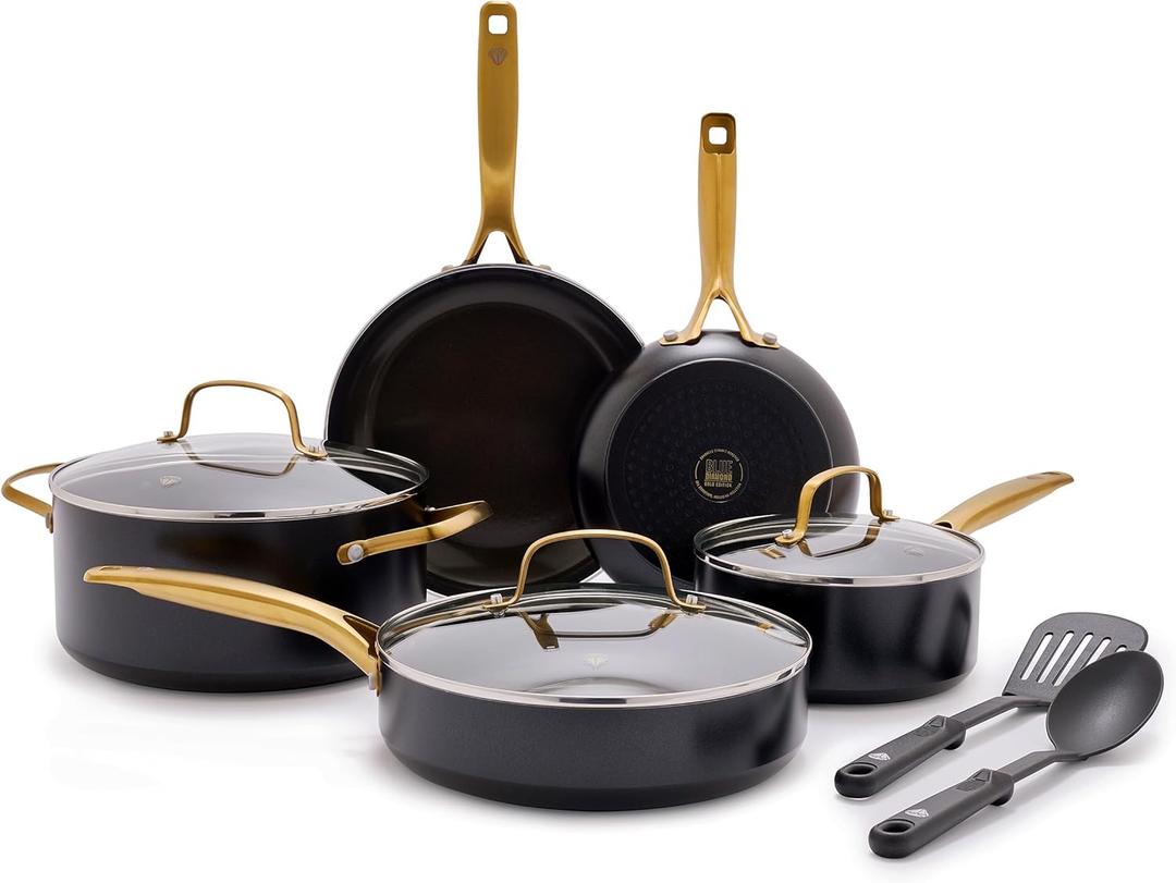 Blue Diamond Gold 10 Piece Cookware Pots and Pans Set, Induction Suitable, Diamond Infused PFAS-Free Ceramic Nonstick, Durable, Metal Utensil Safe, Dishwasher Safe, Gold Handle, Black