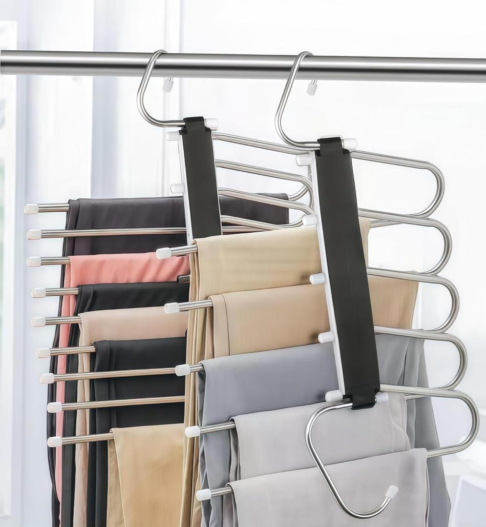 2 Pack Pants Hangers Space Saving Clothes Hangers 5 Layers, Non Slip Pant Hanger for Closet Organizers and Storage, Stainless Steel Jean Hangers Multifunctional Pant Rack for Trouser, Scarf, Skirt