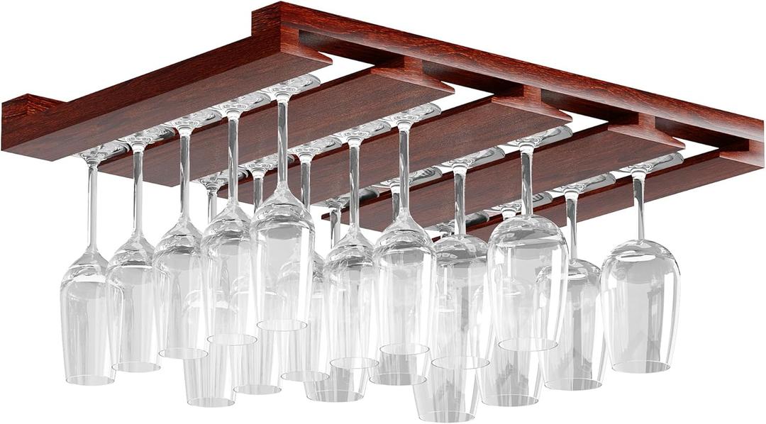 Rustic State Eze 4 Sectional Under Cabinet Mount Wood Stemware Rack Hanging Shelf Glassware Holder Bar Organizer with up to 12 Wine Glass Storage 12 Inch - Deep Mahogany